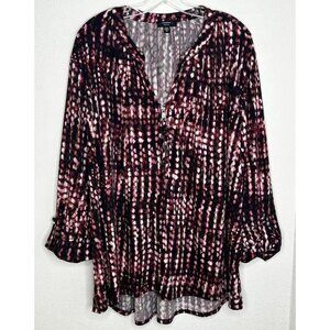 Cocomo Woman Blouse Womens 3X Black Pink Abstract Ikat Zip V Neck Tunic Stretch